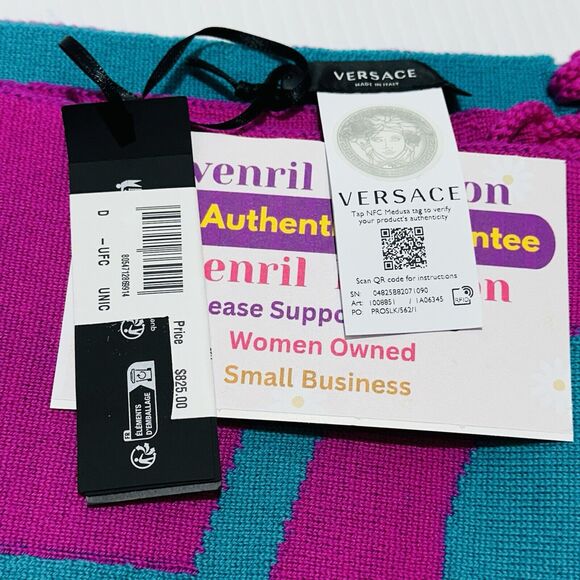 NWT Versace Reversible Teal Pink Fringed Wool Jacquard Logo Scarf 72"x12" $825 - Picture 10 of 13